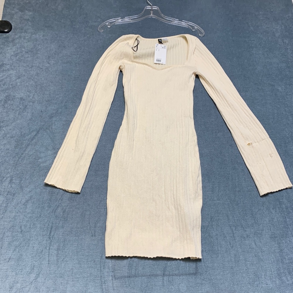 H&M Divided Bodycon Dress Womens S Beige Ribbed Knit Sweetheart Neck Long Sleeve